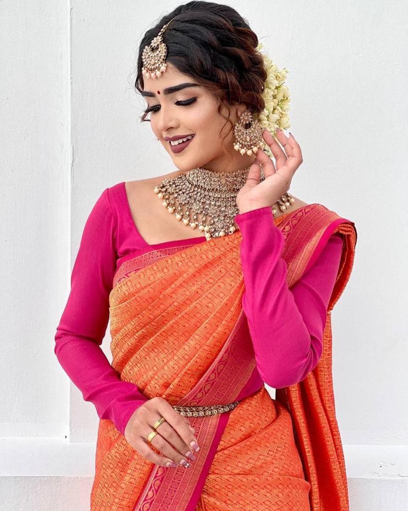 Adorable Pink With Orange Color Soft Lichi Silk Party Wear Saree