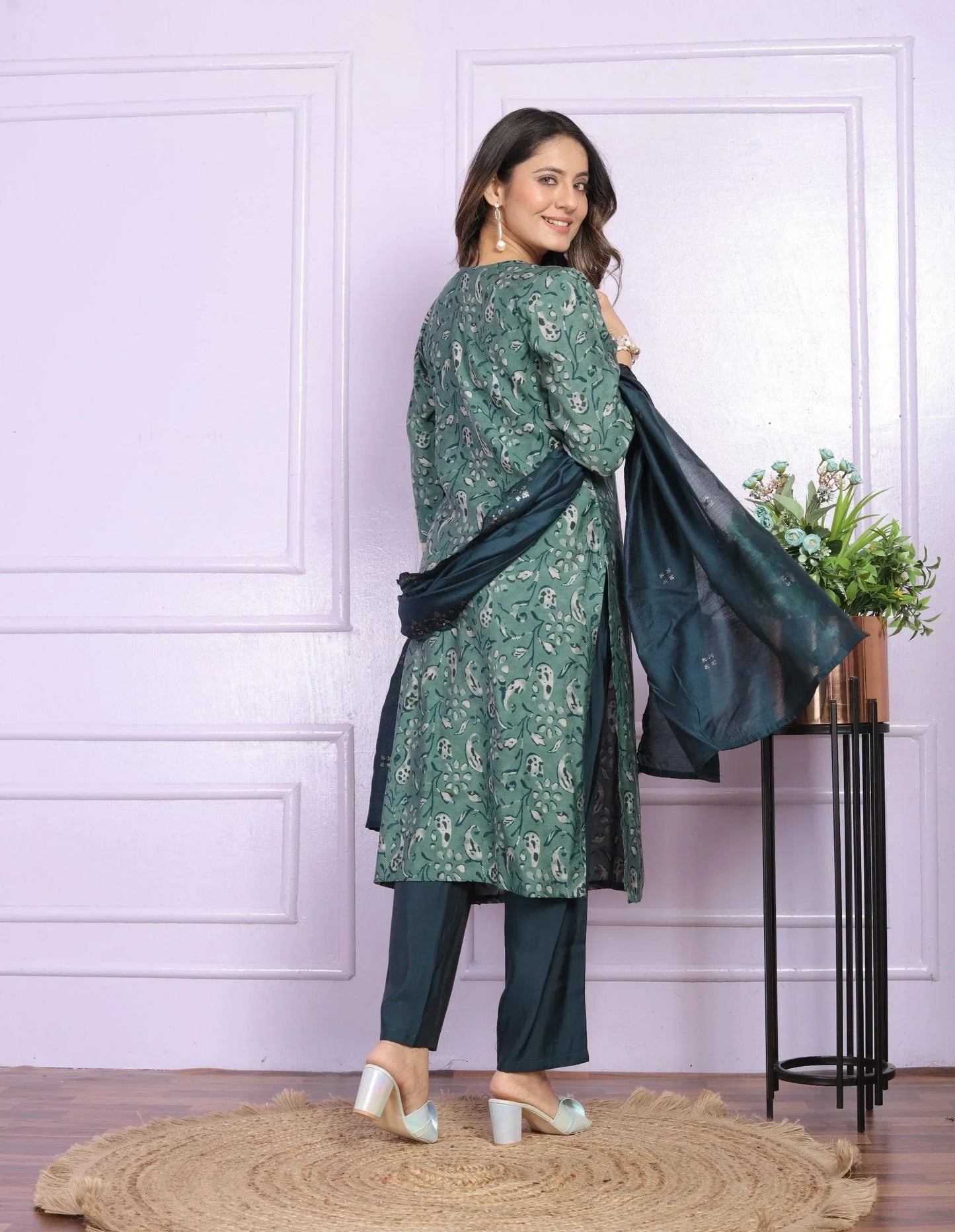 Casual Wear Teal Green Color V Neck Salwar Suit
