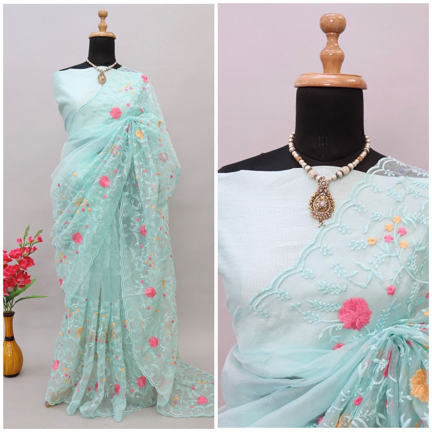 Sky Blue Color Multi Thread Work Organza Silk Saree