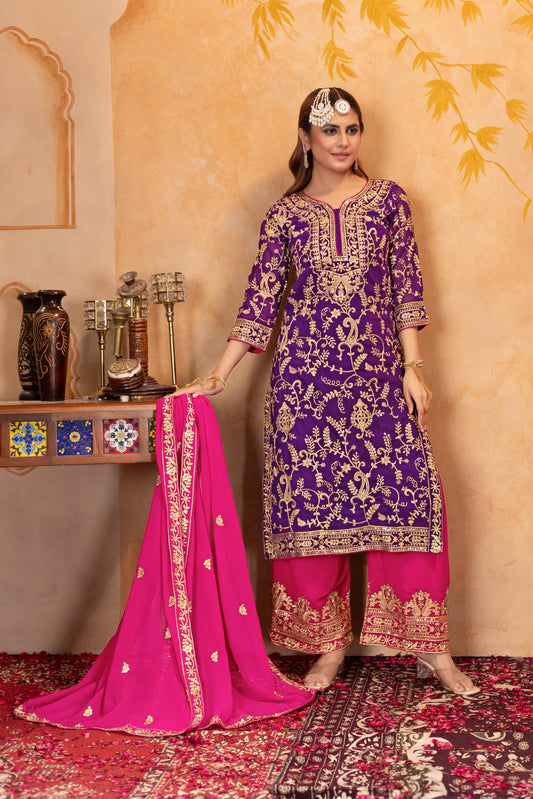 Good Looking Heavy Work Purple Color Palazzo Suit