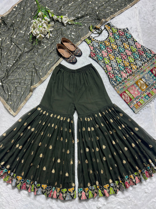 Gorgeous Sequence Work Green Color Sharara Suit