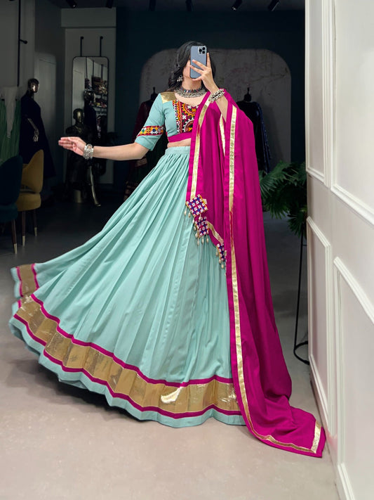 Trendy Navratri Special Rama Color Gamthi Work Lehenga Choli