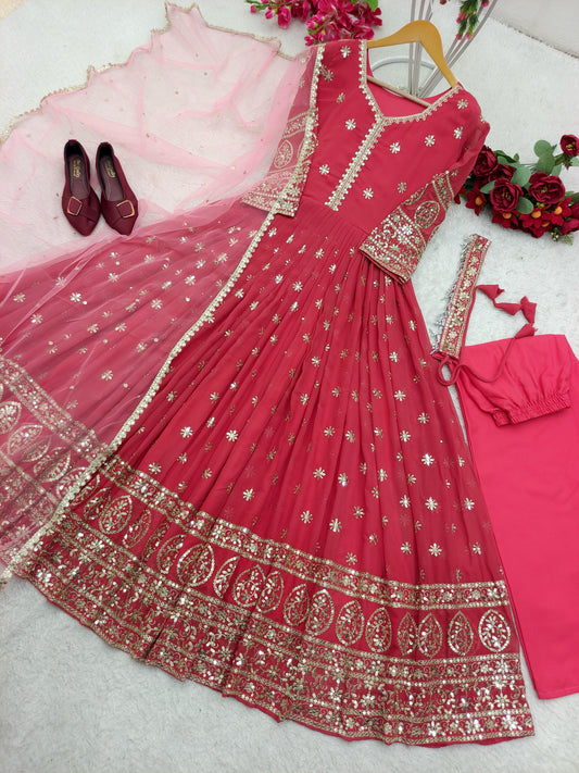 Imposing Pink Color Georgette Embroidery Work Gown