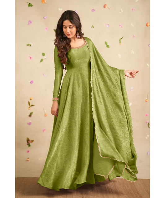 Delightful Embroidery Green Color Anarkali Gown with Dupatta