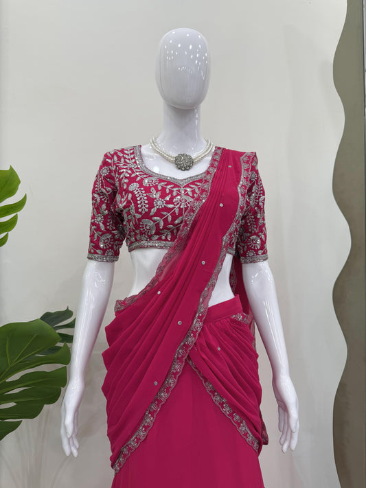 Mesmerizing Georgette Pink Color Ready To Wear Lehenga Saree