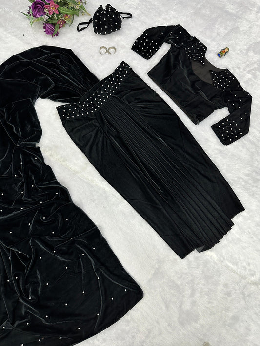 Party Wear Black Color Moti Work Lehenga Saree