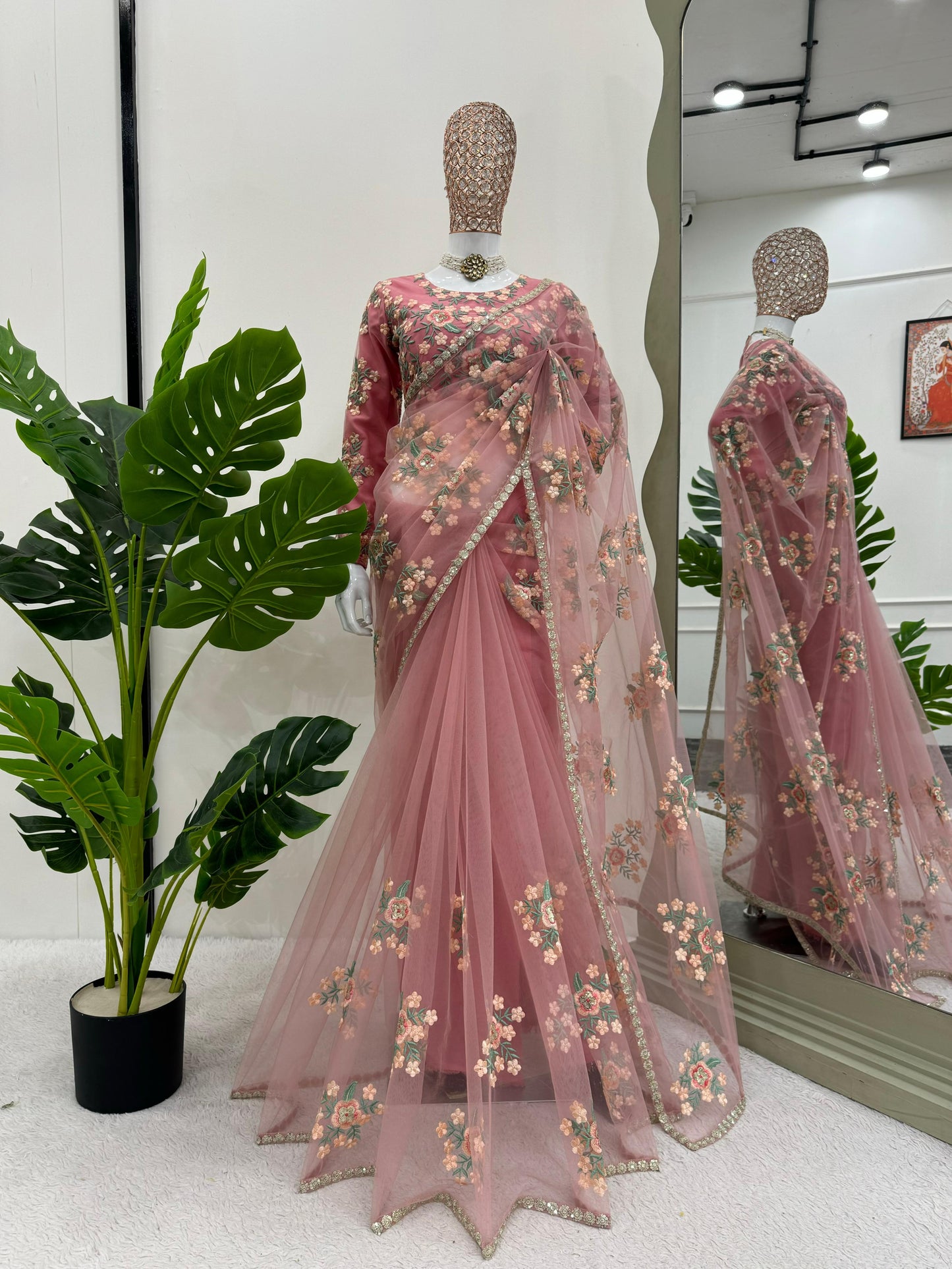 Superhit Sequence Work Soft Net Peach Color Saree