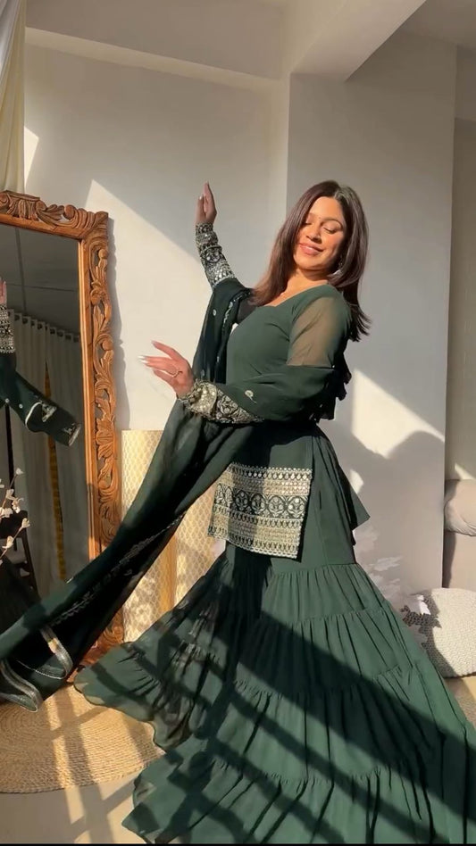 Wonderful Gorgette Sequnce Work Green Color Sharara Suit