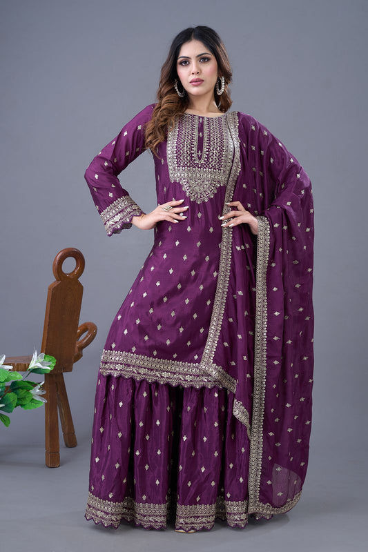 Heavy Embroidery Work Wine Color Sharara Suit