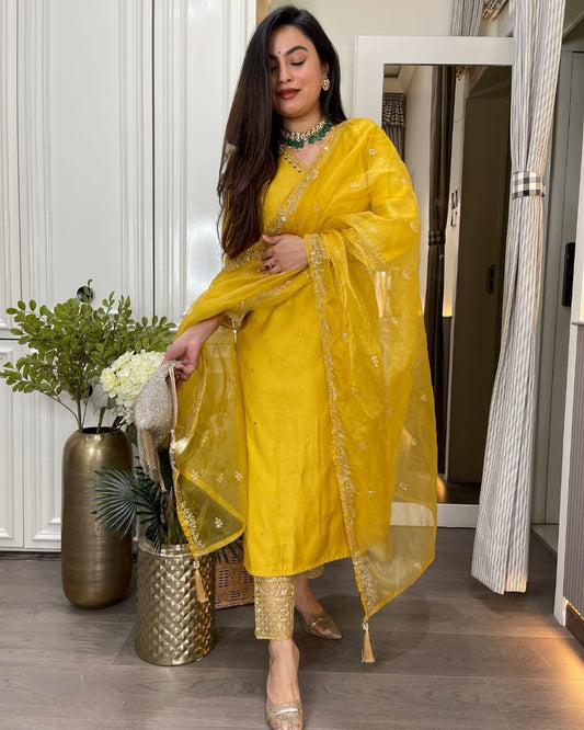 Unique Roman Silk Yellow Color Salwar Suit