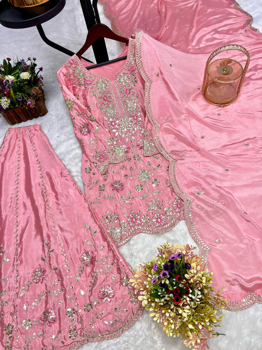 Outstanding Sequence And Thread Work Pink Color Sharara Suit