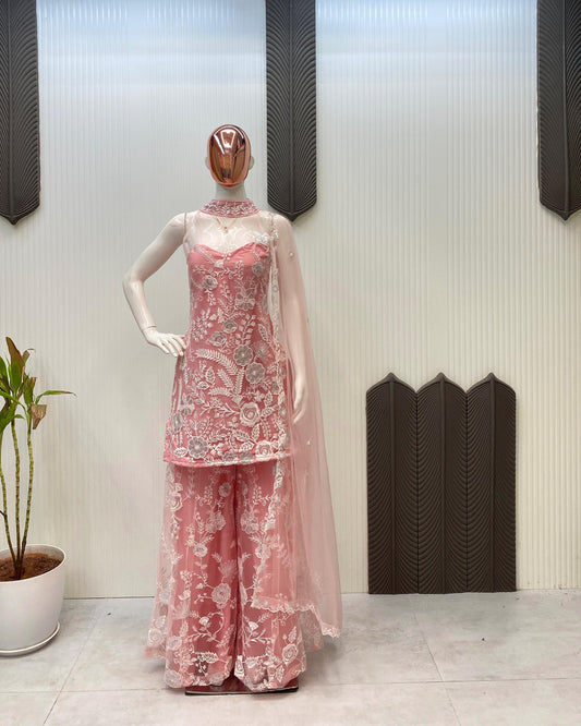 Shining Embroidery Work Peach Color Palazzo Suit