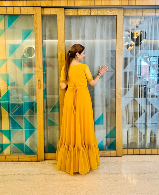 Designer Georgette Yellow Color Gown With Koti