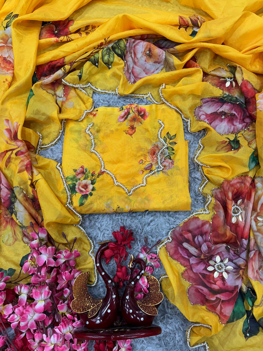 Exclusive Floral Print Yellow Color Saree