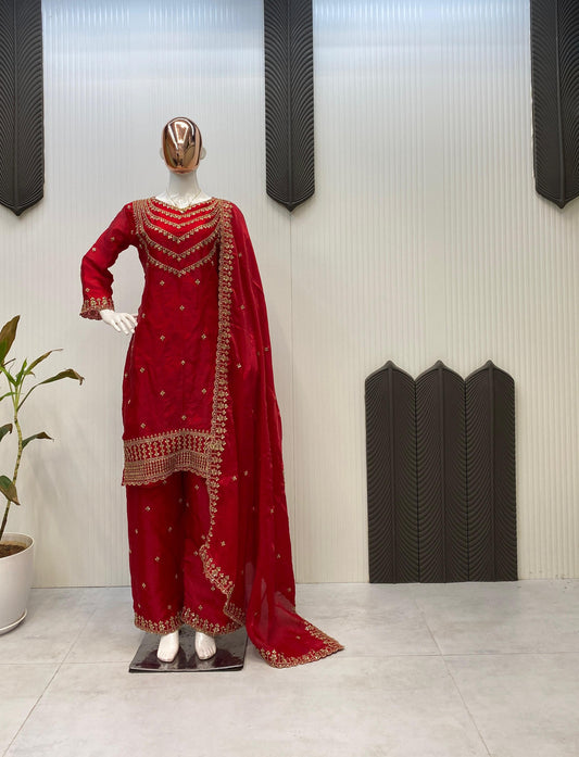 Good Looking Embroidery Work Red Color Palazzo Suit