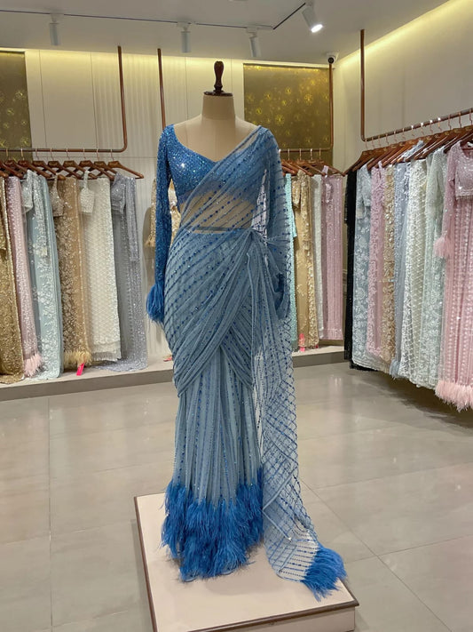 Elegant Blue Color Embroidery Work Saree