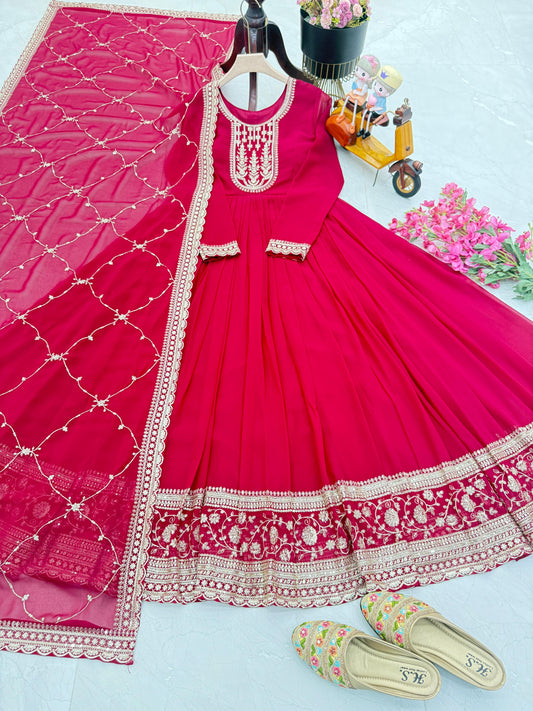 Eyes Catching Georgette Embroidery Work Pink Color Gown