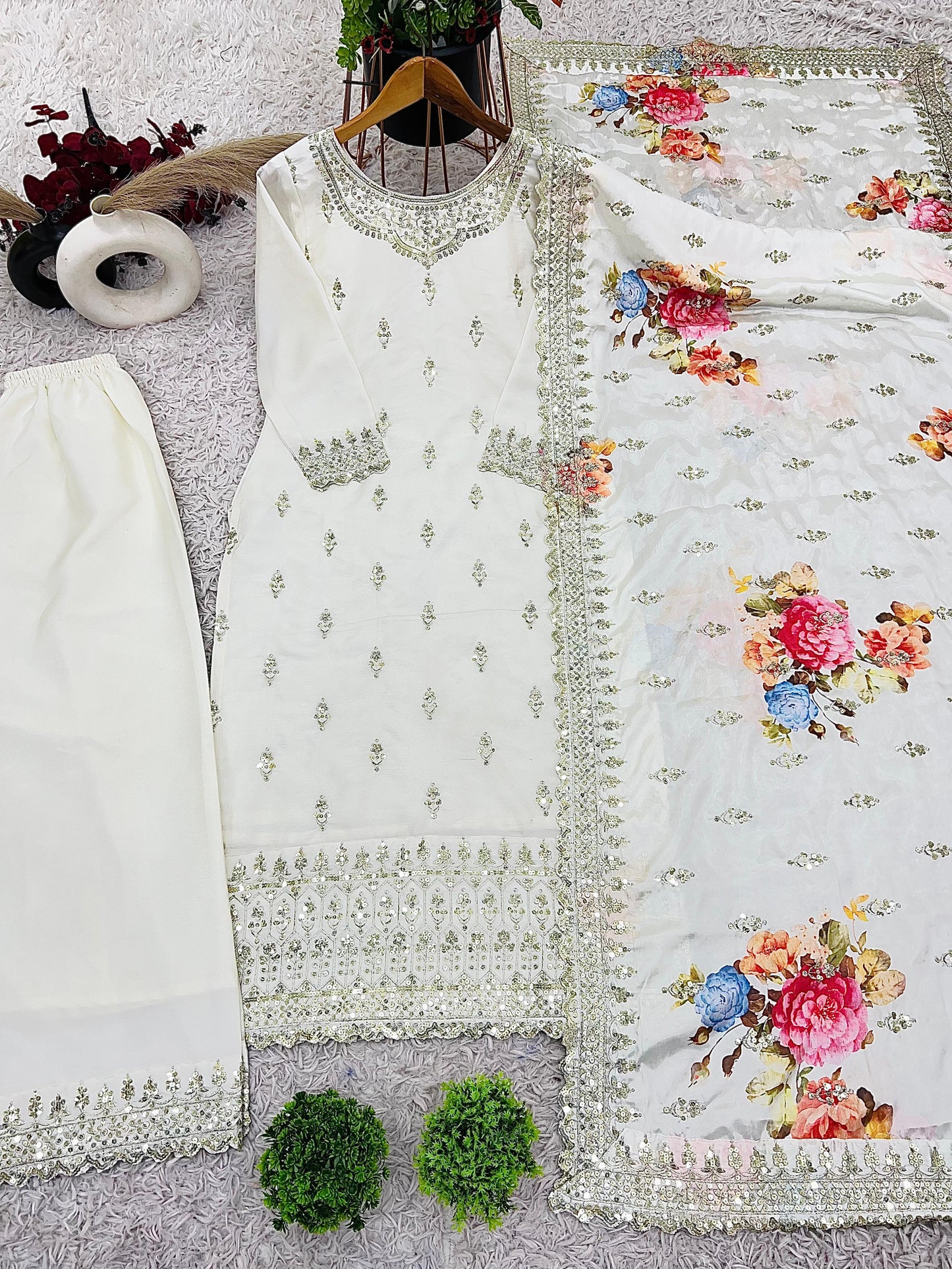 Wonderful Chinnon Silk Sequence Work White Color Palazzo Suit