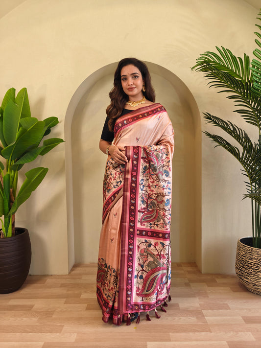 Peach Color Beautiful kalamkari Digital Print Saree