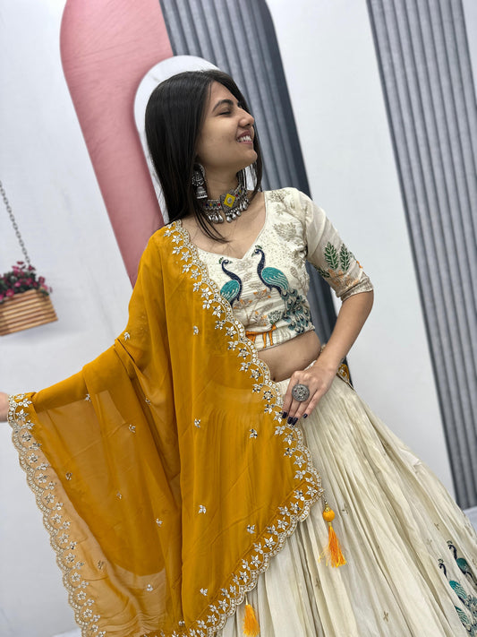Pattern Wedding & Party Wear White Color With Yellow Dupatta Lehenga Choli
