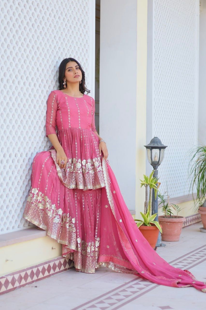 Opulent 3mm Sequence Work Pink Color Sharara Suit
