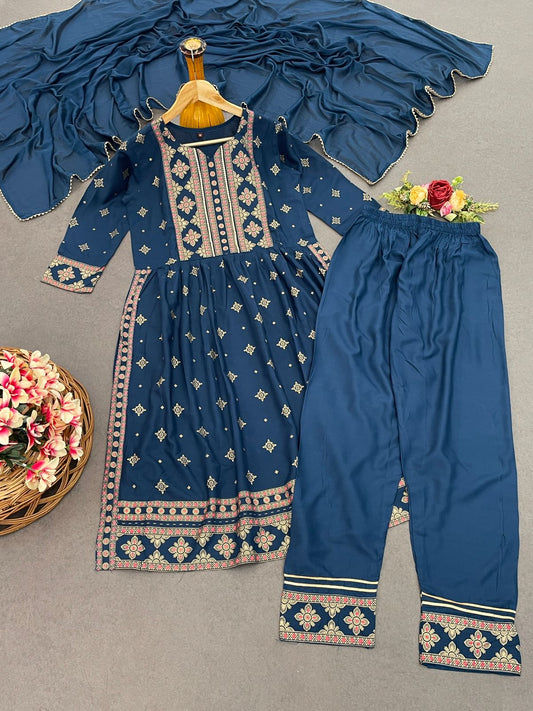 Precious Reyon Foil Print Blue Color Salwar Suit