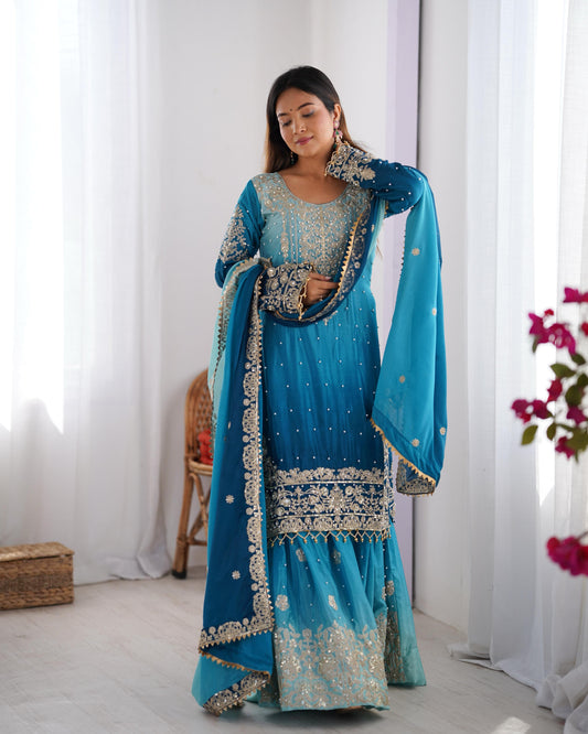 Good Looking Chinon Silk Rivet Moti Teal Blue Color Sharara Suit