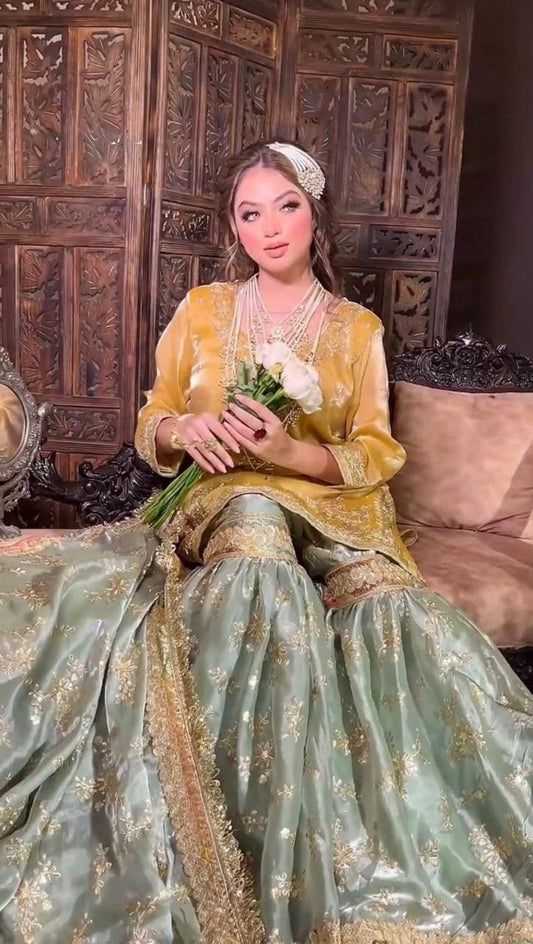 Function Wear Jimmy Choo Yellow Color Sharara Suit