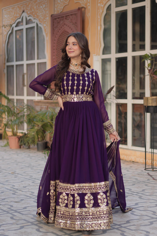Fantastic Embroidery Work Wine Color Gown