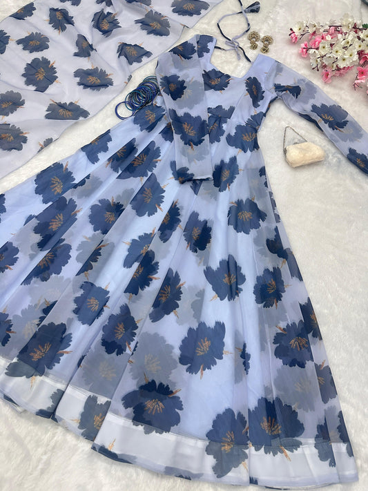 Outstanding Digital Printed Sky Blue Color Anarkali Suit