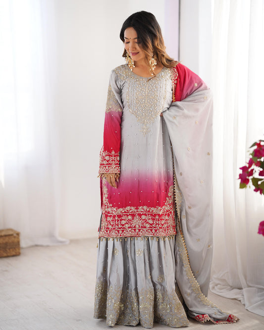 Good Looking Chinon Silk Rivet Moti Grey Color Sharara Suit