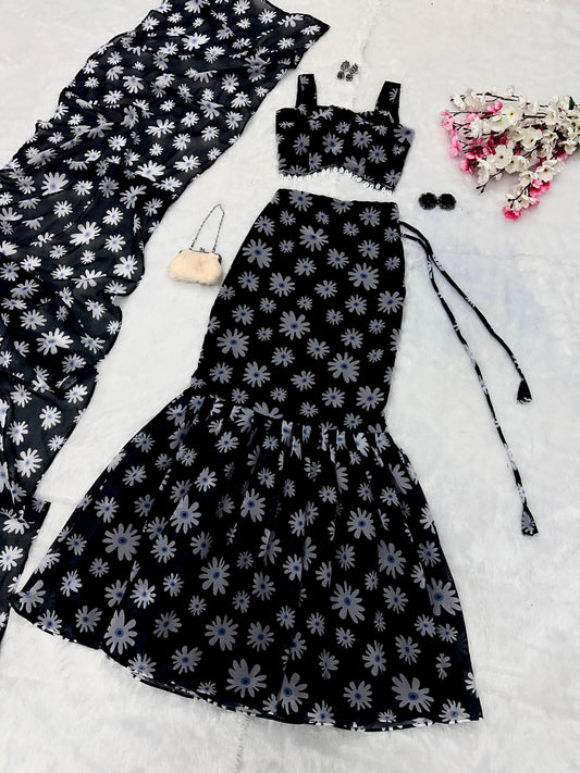 Stunning Georgette Black Color Fish Lehenga Choli