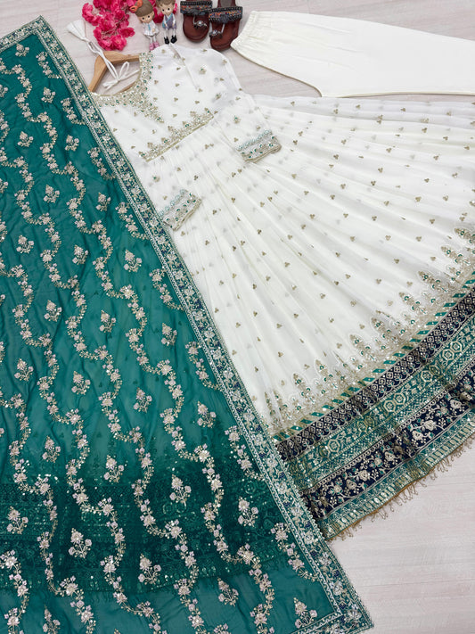 Glorious Georgette White Color Gown With Teal Blue dupatta