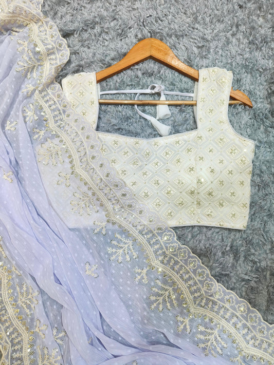 Precious Soft Chiffon Butti Embroidery WorK Lavender Color Saree