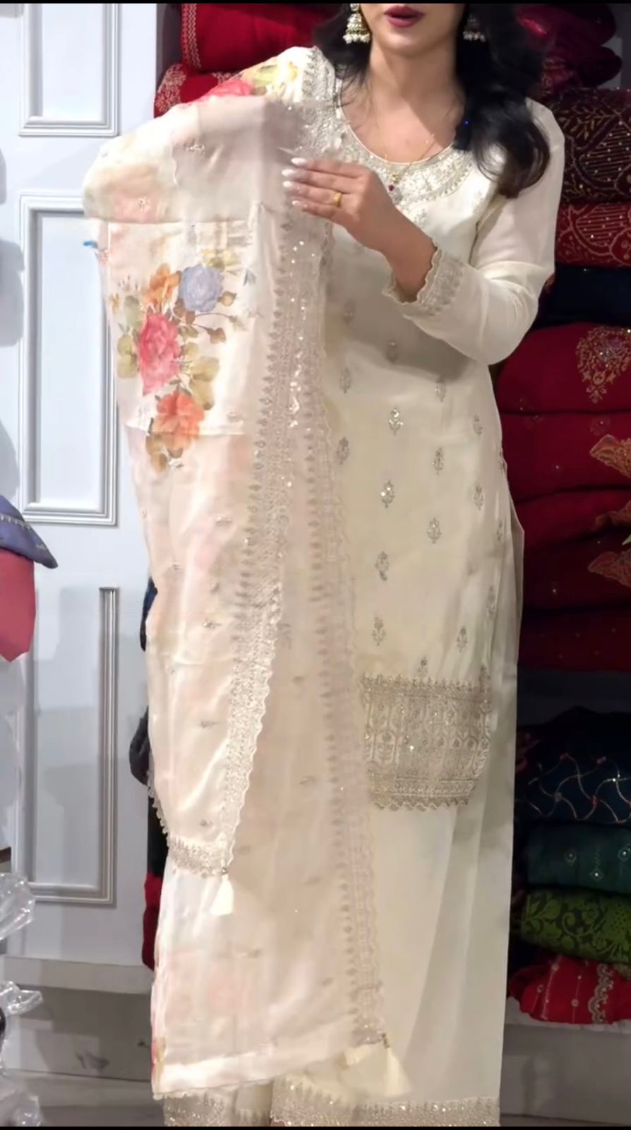 Wonderful Chinnon Silk Sequence Work White Color Palazzo Suit