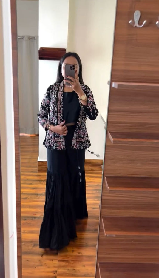 Delightful Chinon Silk Black Color Sharara Suit