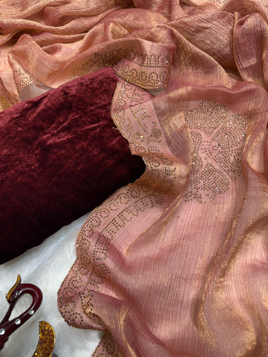 Ravishing Chiffon Silk Diamond Work Peach Color Saree