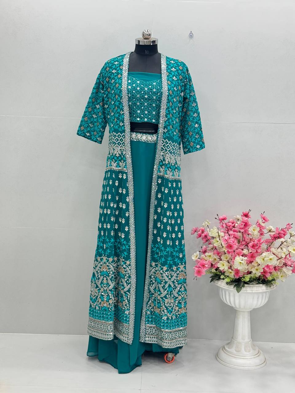 Celebrity Style Aqua Green Color Faux Georgette With Embroidered Sequence Work Lehenga Choli With Koti
