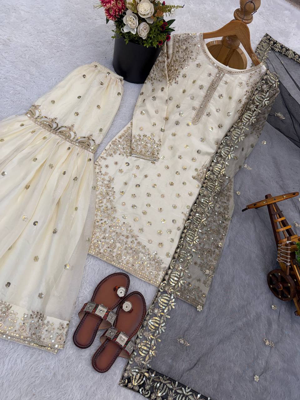 Elegant Fendy Silk Full Sleeves Sharara Suit With Black Dupatta