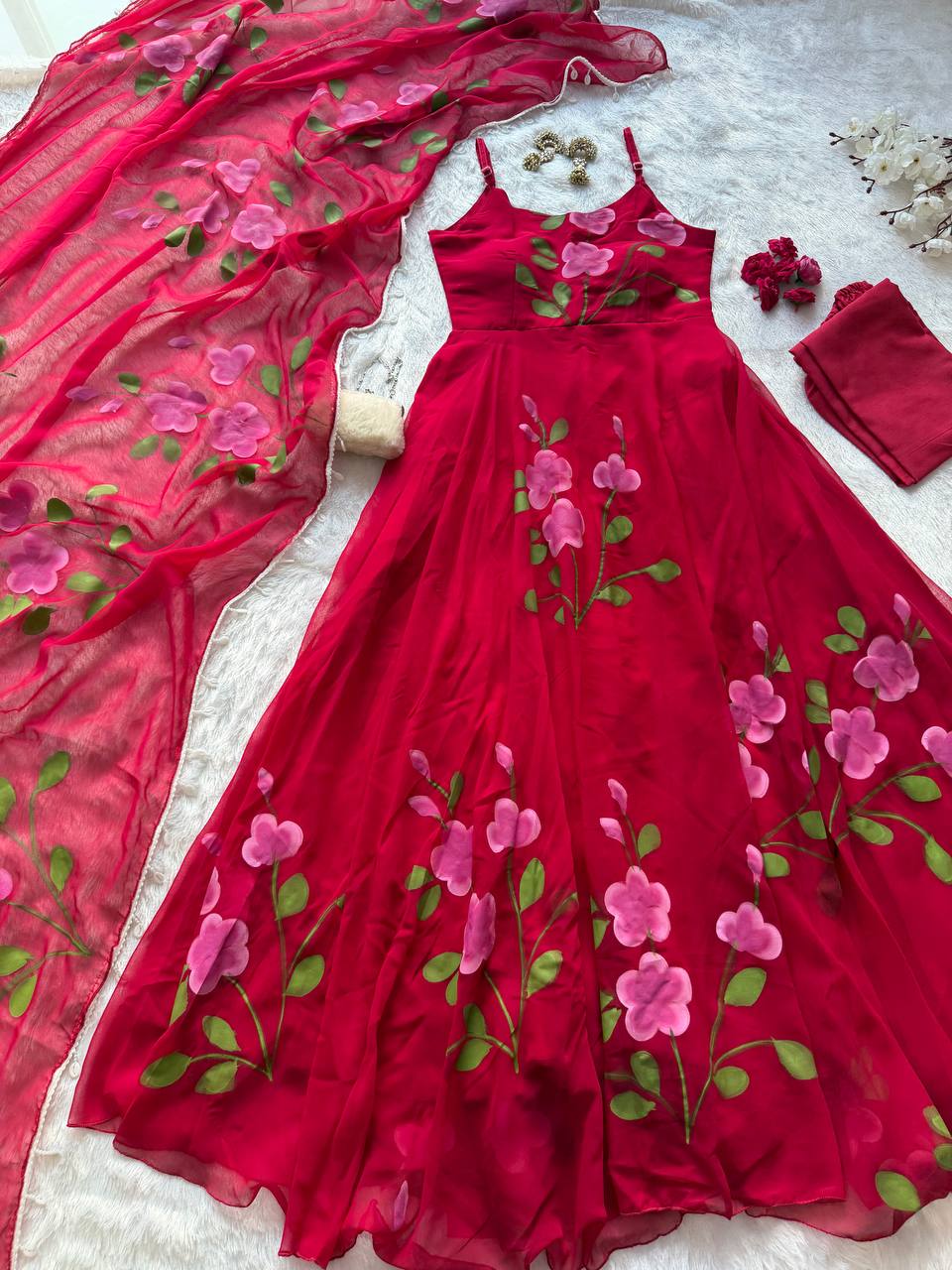 Designer Red Color Handpainted Georgette Anarkali Suit