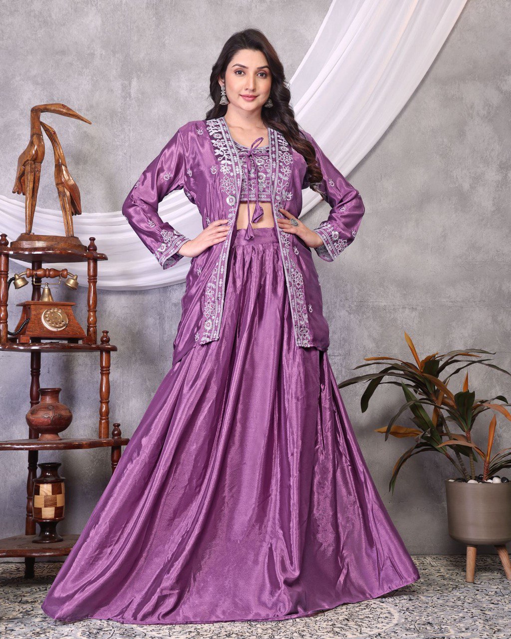 Ceremony Wear Lavender Color Chinon Silk Embroidery Sequence Silver Thread Work Lehenga Choli With Koti