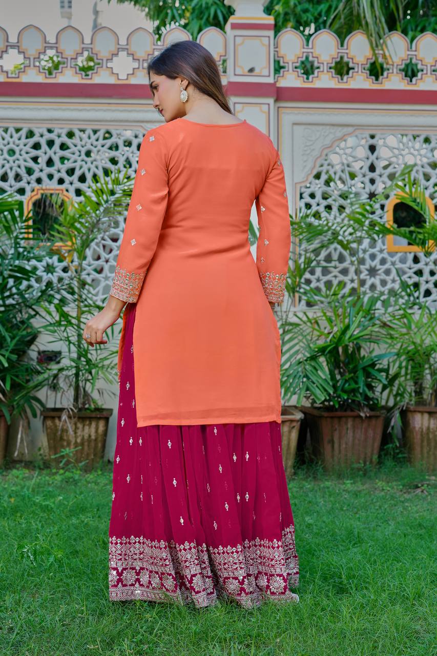 Designer Orange And Pink Faux Georgette Palazzo Set