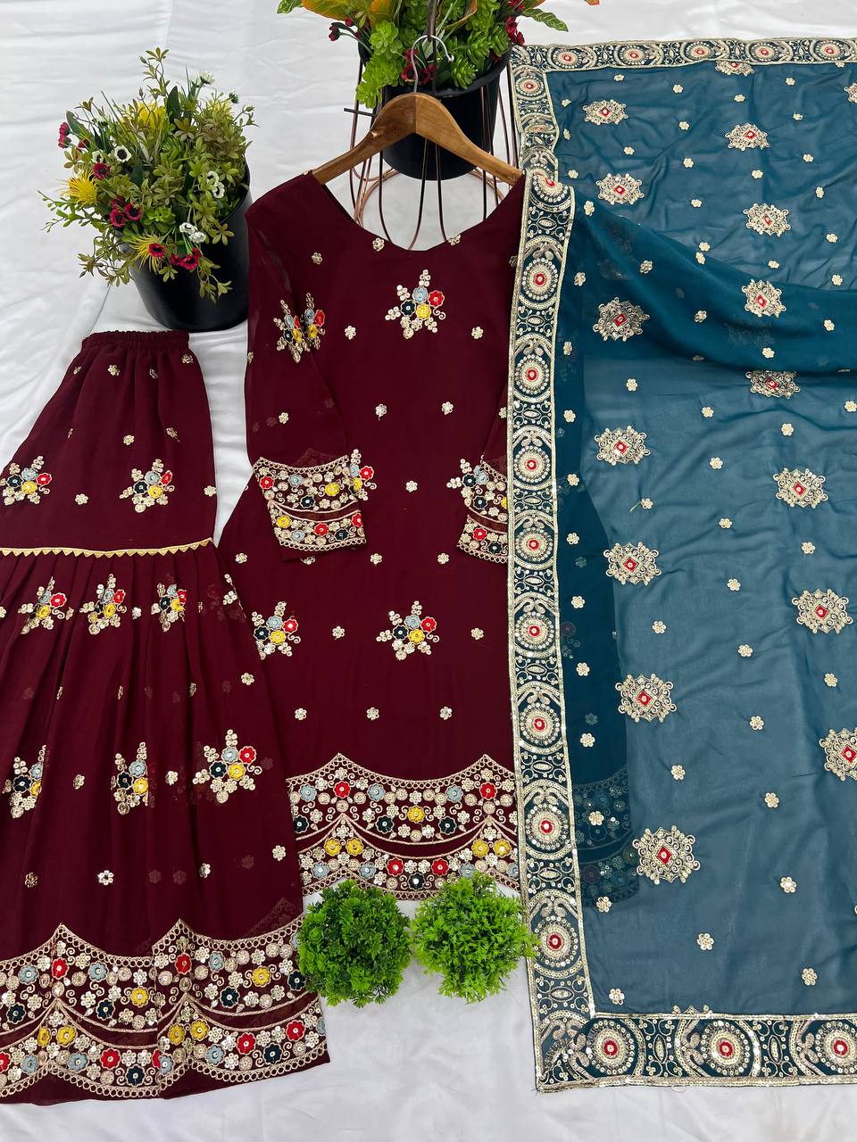 Marriage Special Maroon Color Faux Georgette With Embroidery Sequence Work Sharara Suit