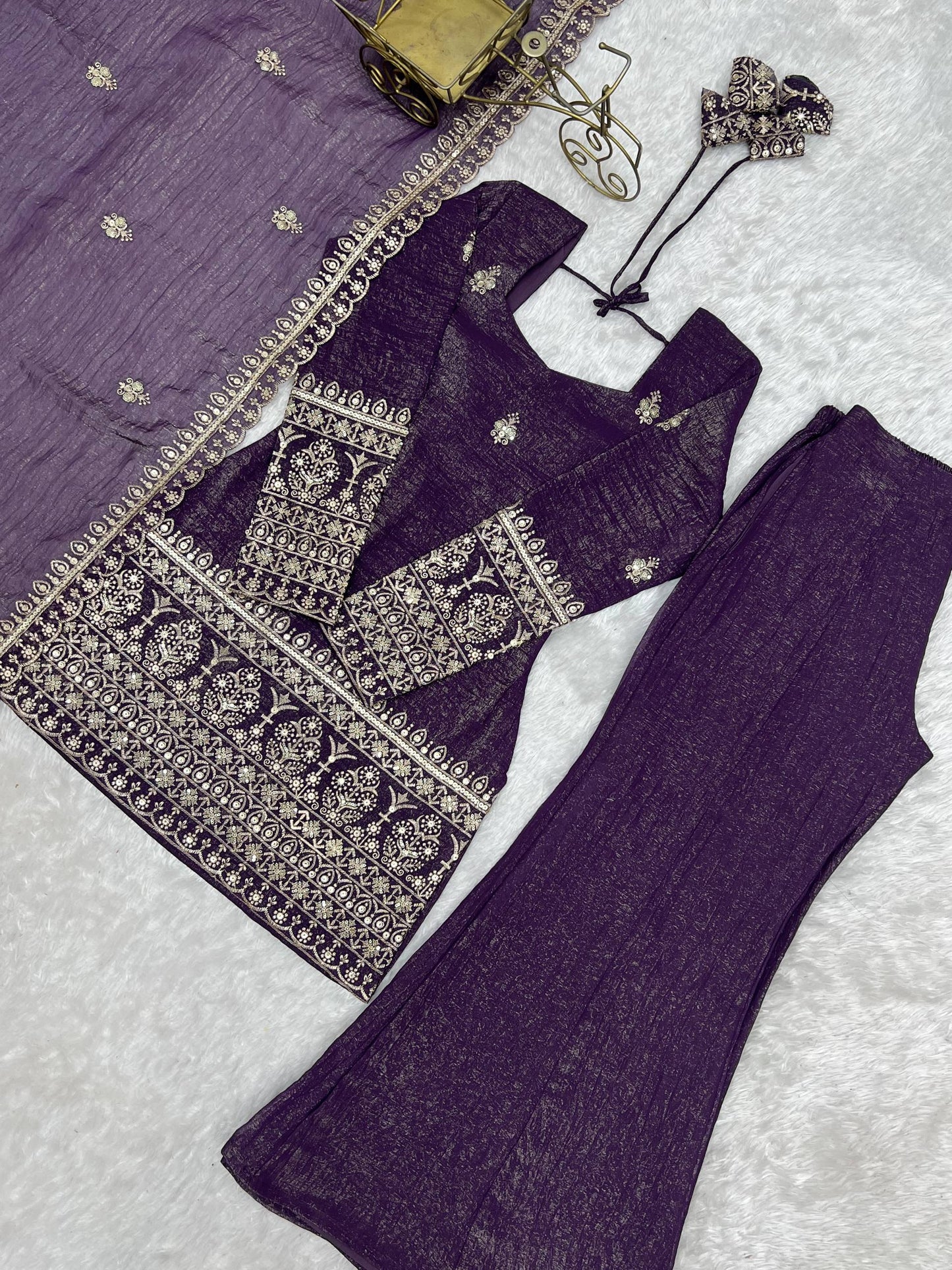 Arti Chauhan Purple Color Crunchy Silk Kurta Set With Bell Bottom Pant