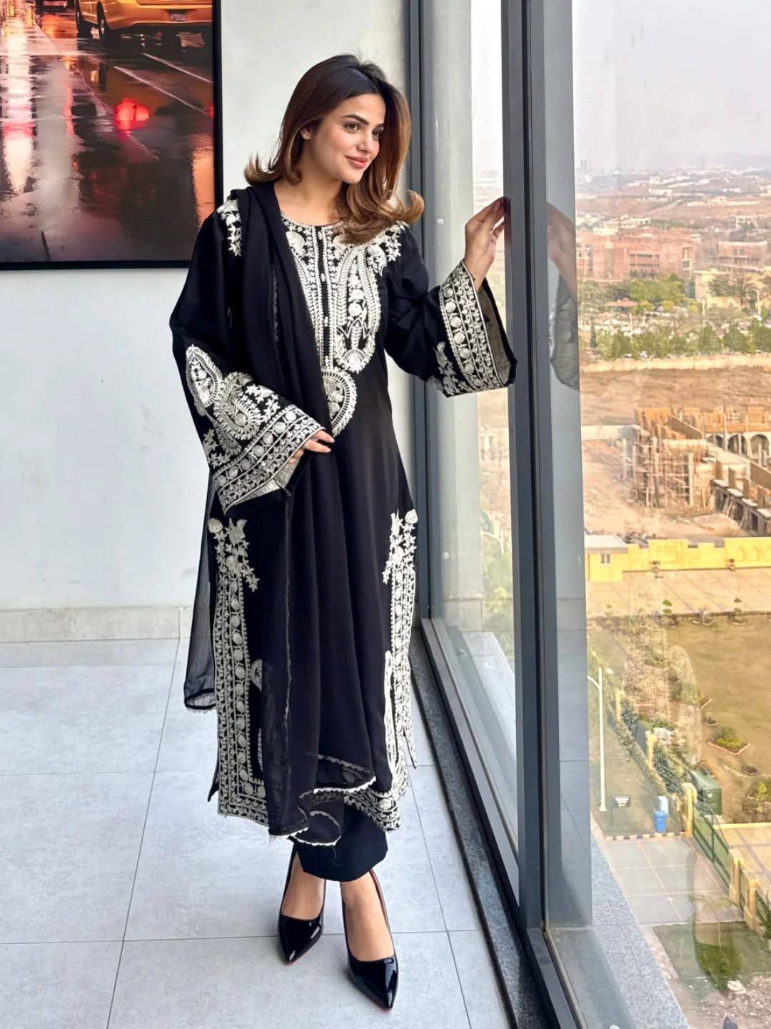 Designer Black Color Organza Silk Wedding Wear Palazzo Suit