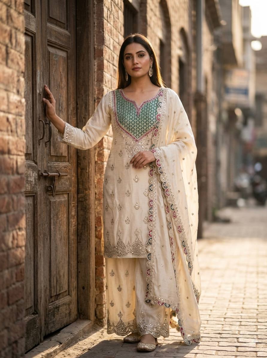 Designer Off White Chinon Silk Embroidered Palazzo Suit