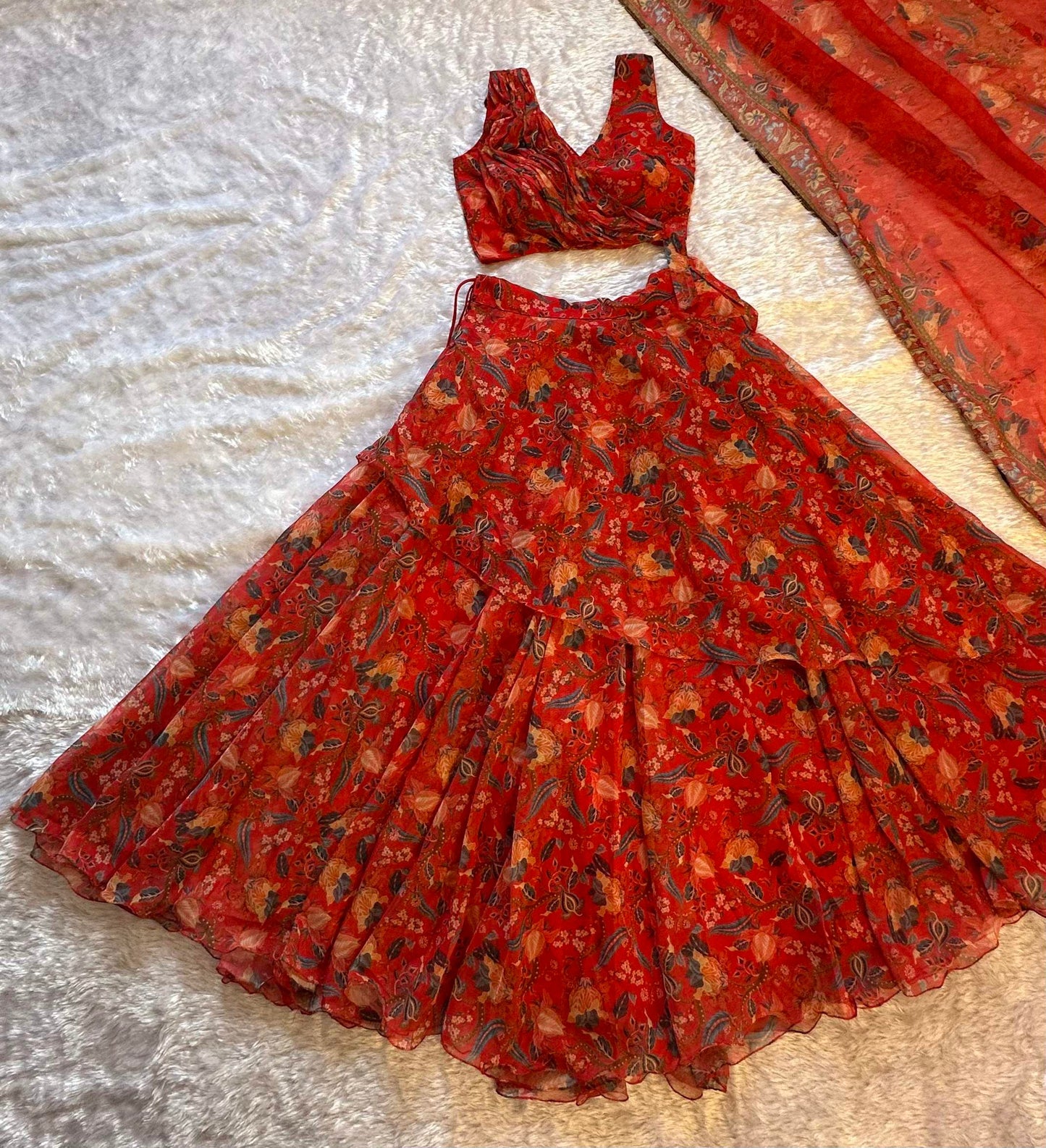 Awesome Red Color Stylish Printed Lehenga Choli