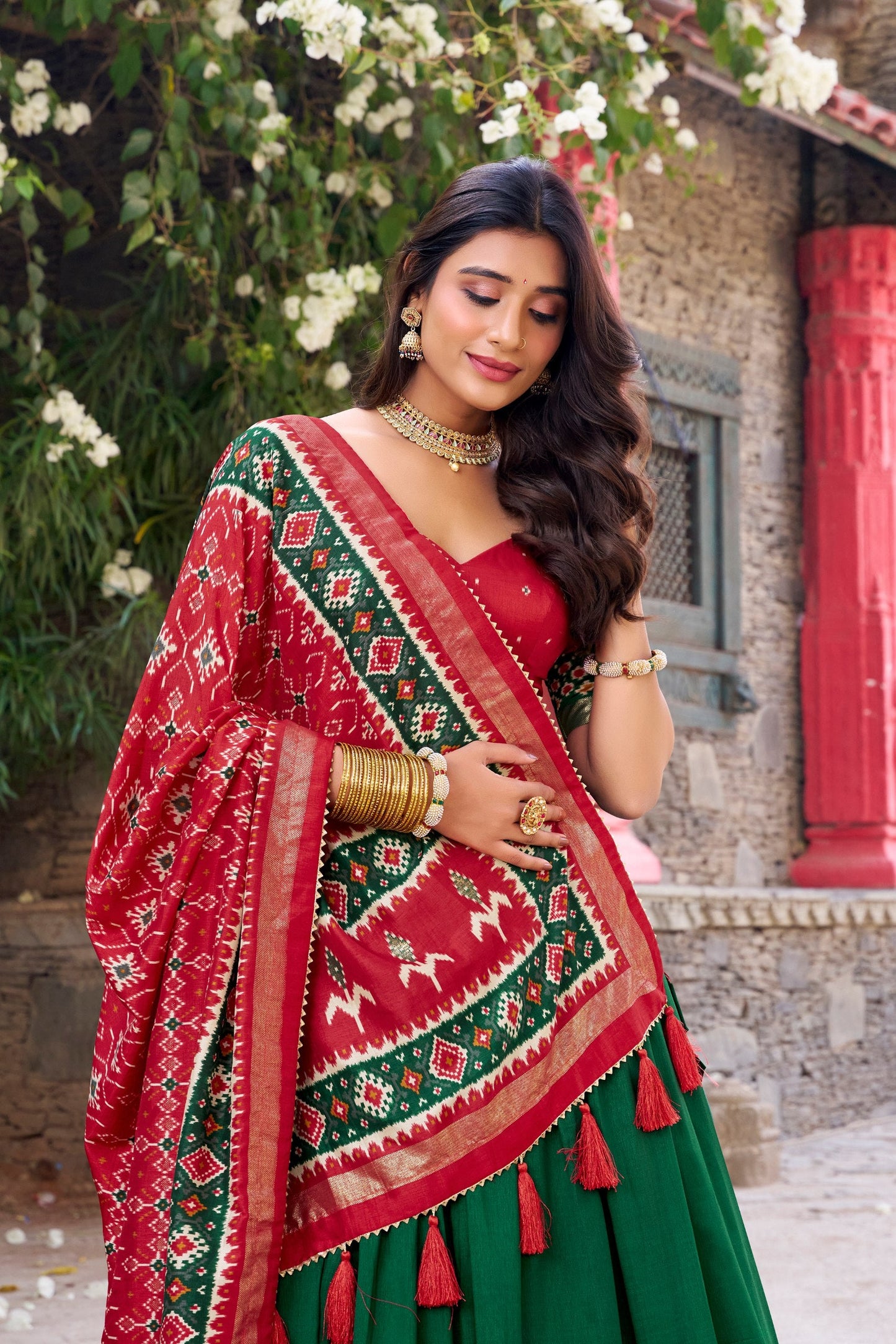 Traditional Wear Green Color Tussar Silk With Heavy Patola Printed Designer Lehenga Choli