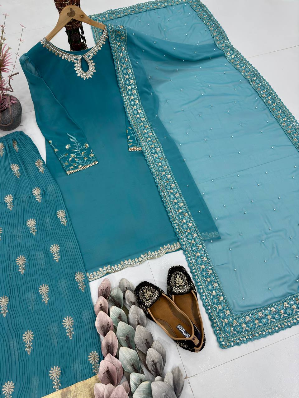 Beautiful Sky Blue Color Heavy Embroidered Wedding Wear Sharara Suit