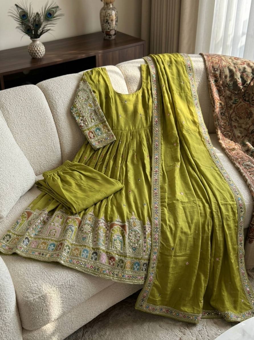 Designer Green Color Pure Chinon Silk Embroidered Gown Set